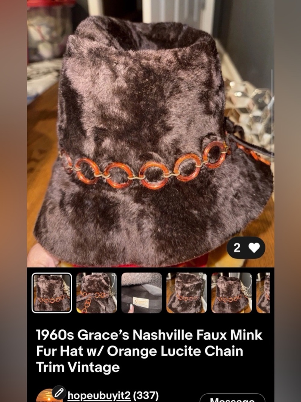 Faux Mink Bucket Hat with Orange Lucite Chain Trim